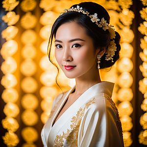 Elegant Woman in Traditional Outfit with Golden Embroidery