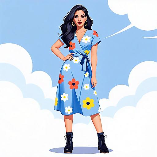 Stylish Woman in Floral Wrap Dress with Blue Sky and Clouds Illustration