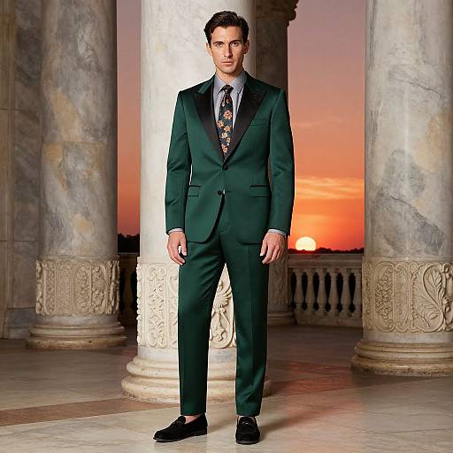 Man in Emerald Green Tuxedo Posing at Sunset with Marble Columns