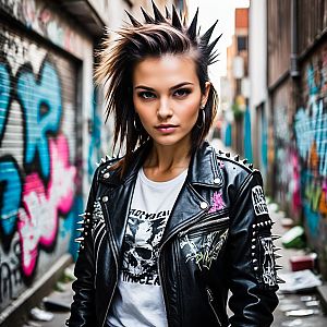Confident Young Woman in Punk Style in Urban Alley
