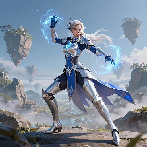 Fantasy Warrior Woman in Silver Blue Armor Casting Magic with Floating Islands Background