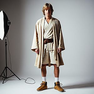 Young Man Wearing Realistic Jedi Robes with Modern Sneakers in Studio