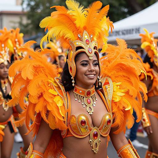 Woman in Vibrant Orange Feathered Carnival Costume at Parade