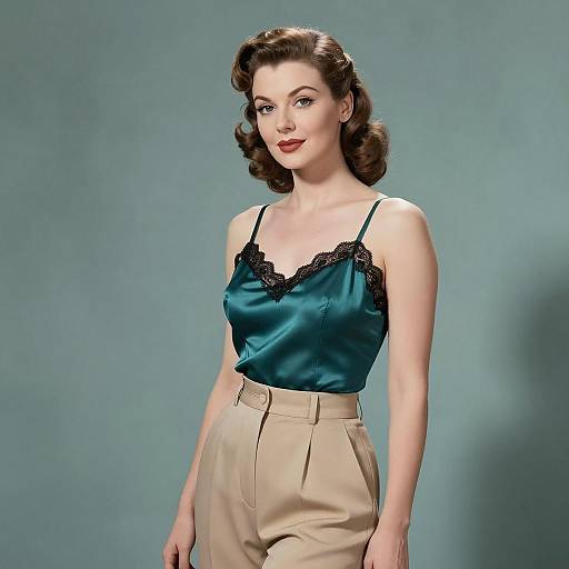 Vintage Style Woman in Teal Satin Camisole and High-Waisted Beige Trousers
