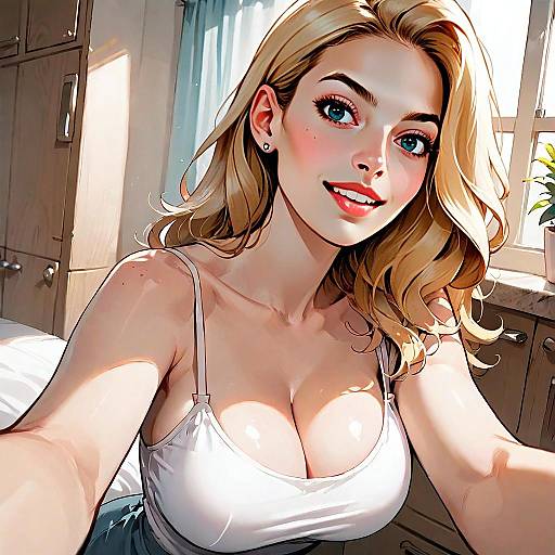 Blonde Woman Taking Selfie in Sunlit Kitchen Anime Style