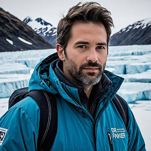 Man in Blue Winter Jacket Exploring Frozen Mountain Landscape
