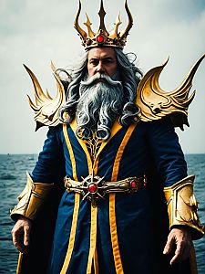 Realistic Deep Sea King Cosplay Man in Elaborate Blue and Gold Costume
