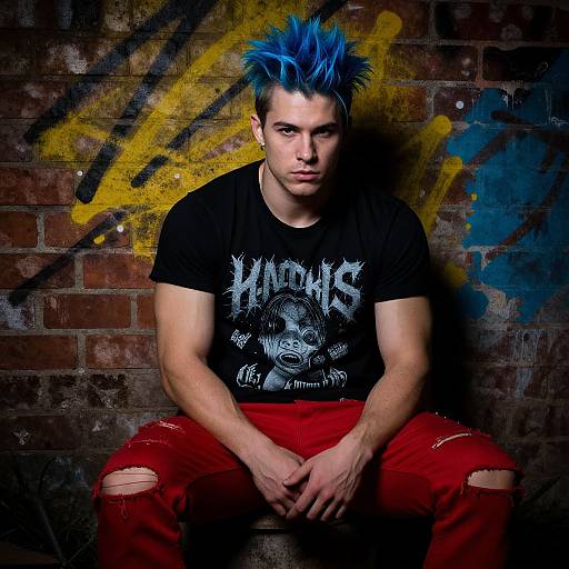Young Man with Blue Spiked Hair in Punk Style Sitting Against Graffiti Wall
