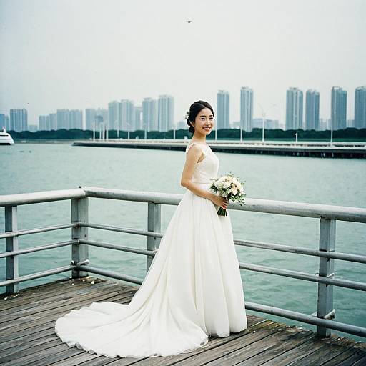 Elegant Marina Barrage Wedding Photoshoot Woman in White Dress