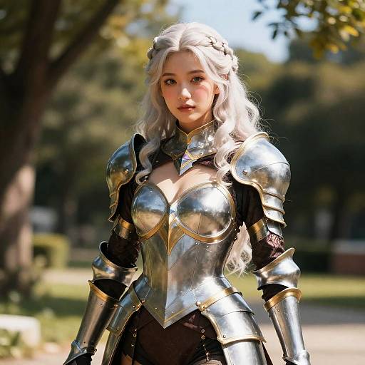 Woman in Silver Medieval Armor Cosplay with Platinum Blonde Hair