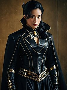 Woman in Black Orchid Cosplay Costume with Gold Embellishments