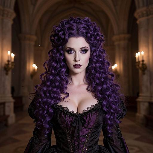 Gothic Woman with Vibrant Purple Curly Hair in Victorian Corset Dress