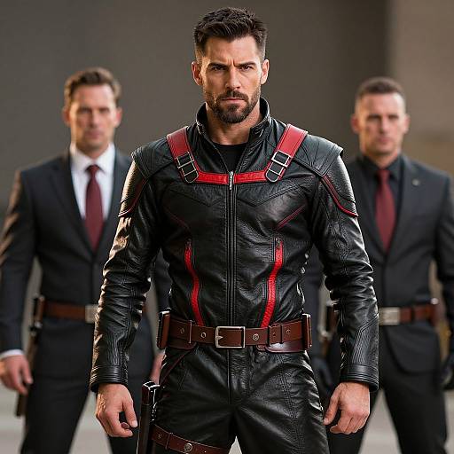 Man in Black Leather Jacket with Red Accents and Suit-Clad Bodyguards