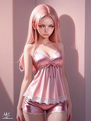 Realistic Digital Art of Woman in Pink Silk Camisole with Adjustable Lace Straps