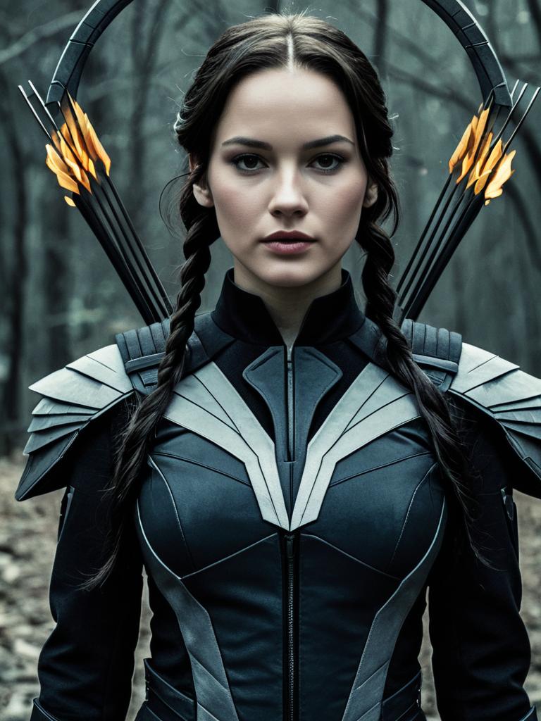 Woman in Mockingjay Costume Waist Up Editorial Portrait Photorealistic