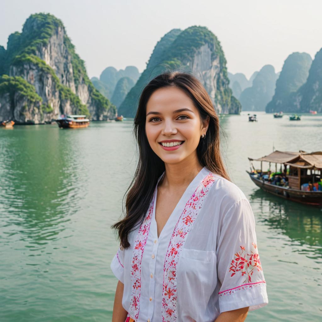 Woman in Traditional Attire with Limestone Karsts of Thailand