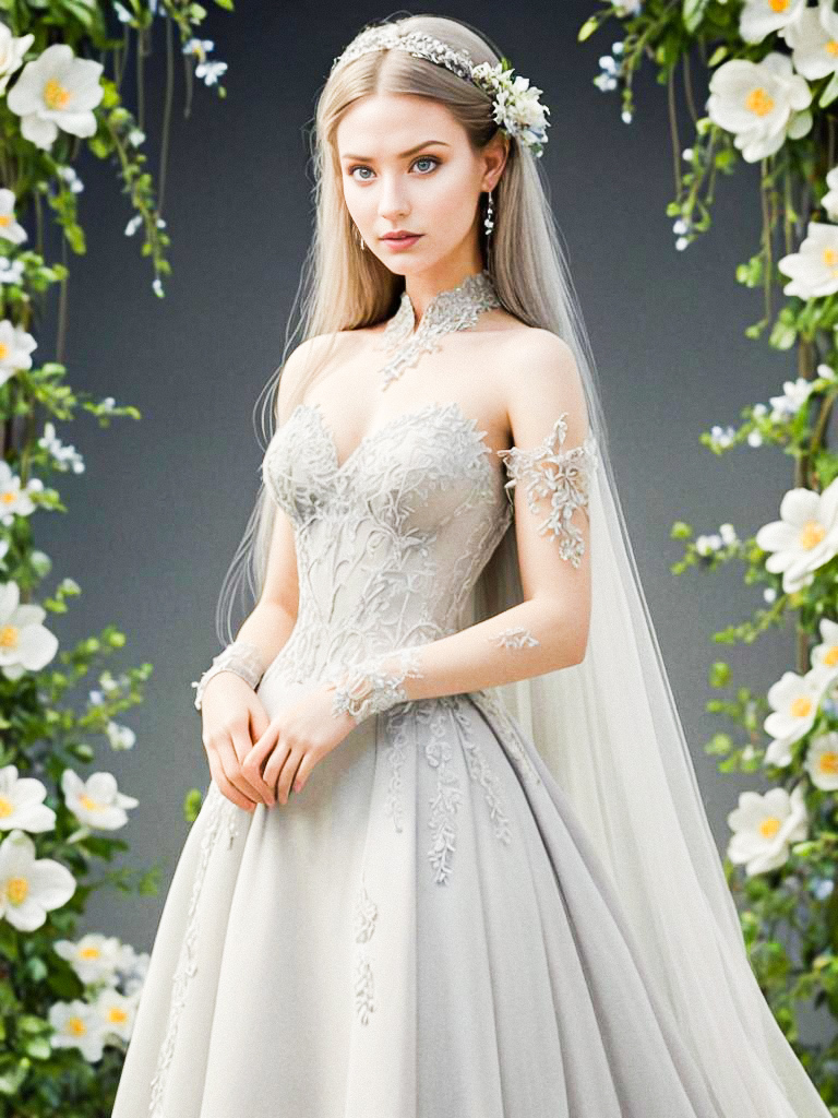 Elegant Woman in Embroidered Wedding Dress in Romantic Garden