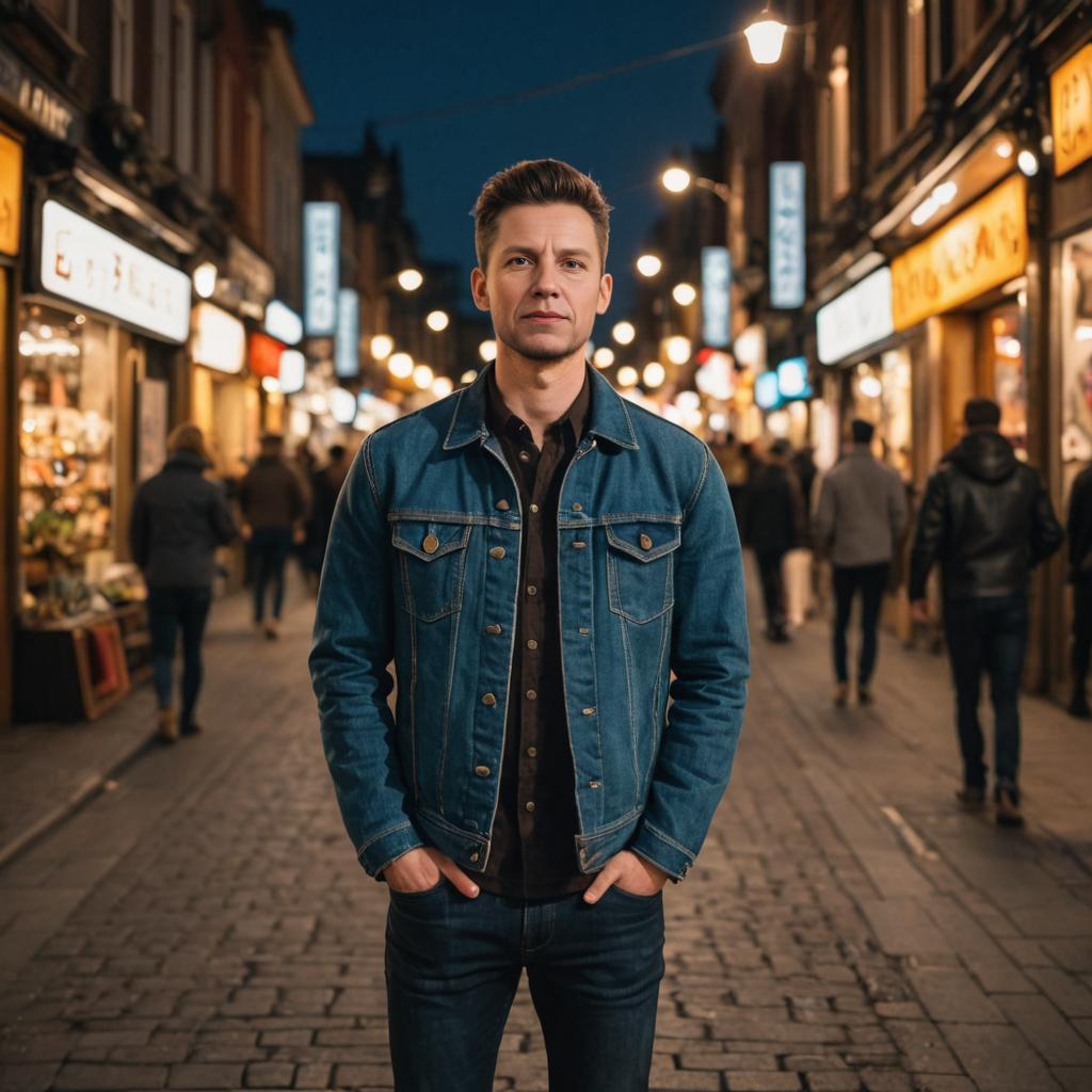 Peruvian Man in Denim at Evening Market