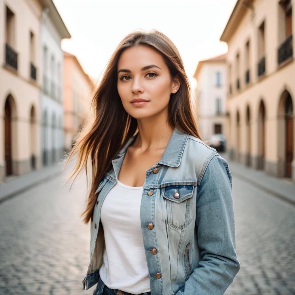 Young Woman in Denim Jacket on European Cobblestone Street