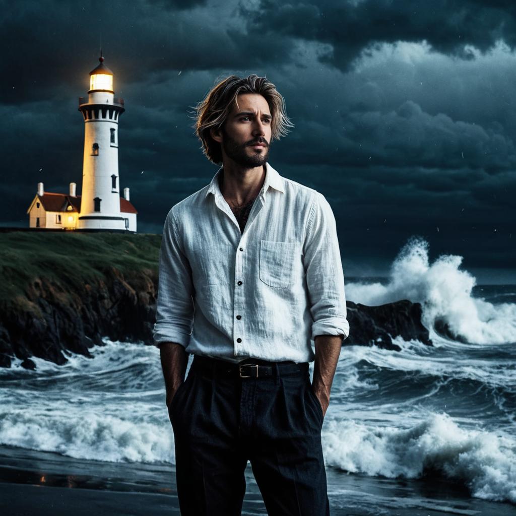 Pensive man on rocky shore with lighthouse