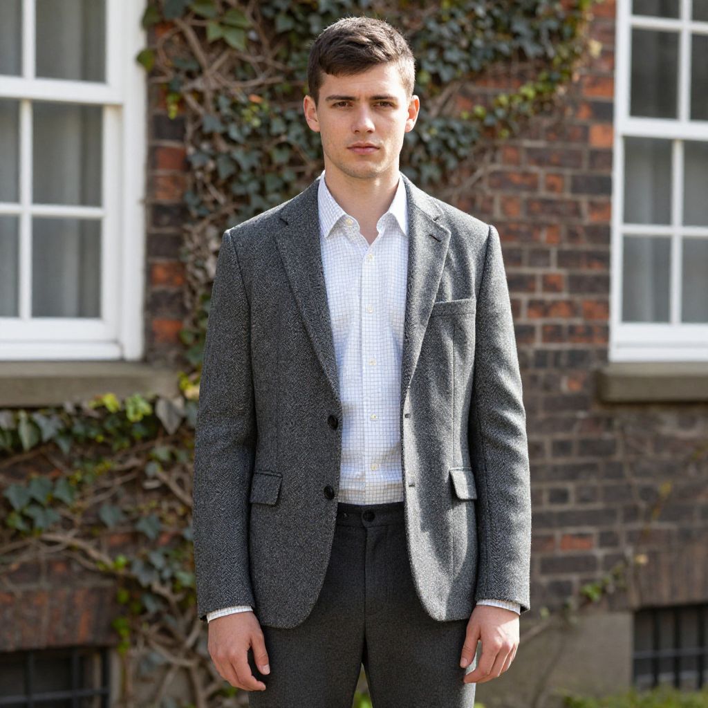 Young Man in Grey Tweed Suit Standing Outdoors by Ivy-covered Brick Wall