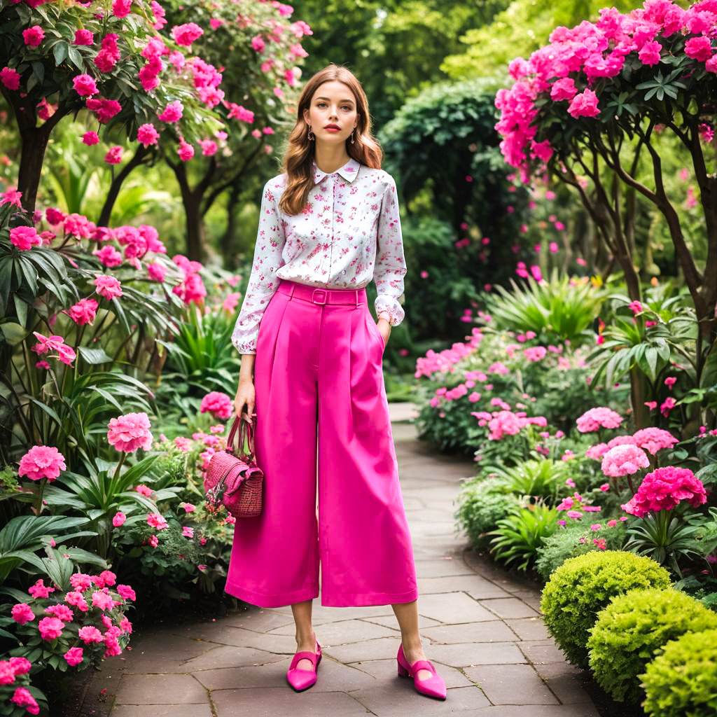 Stylish Woman in Pink Floral Outfit Among Vibrant Flowers