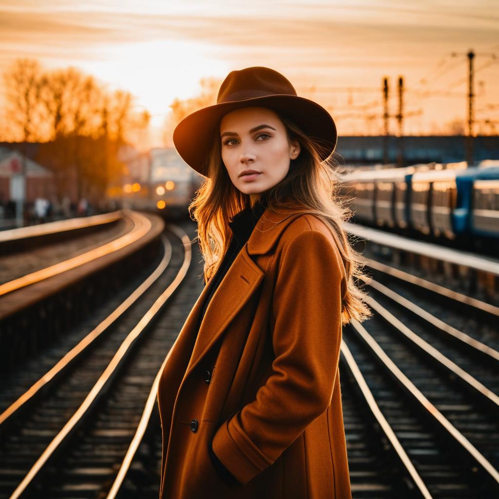 Portrait of Woman in Brown Coat and Hat on Train Tracks at Sunset