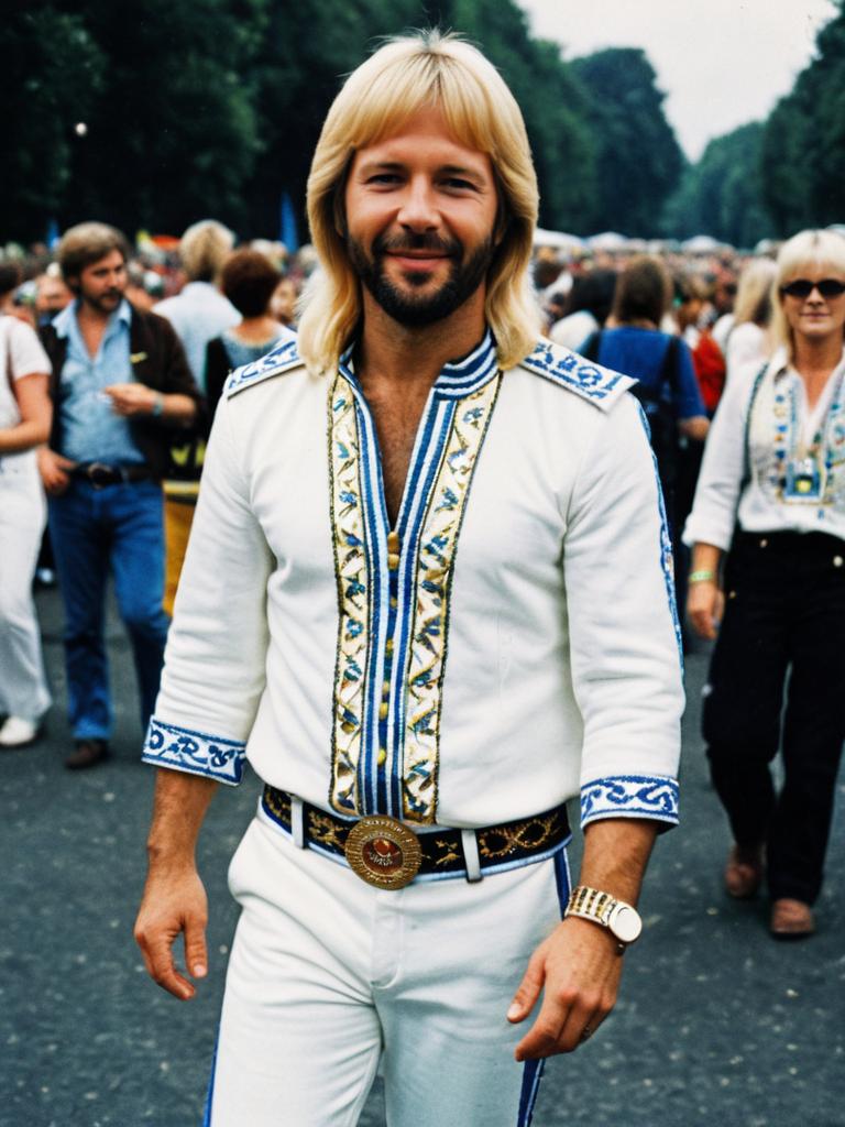 Man in ABBA Outfit at Festival Cosplay Photo Photorealistic Realism