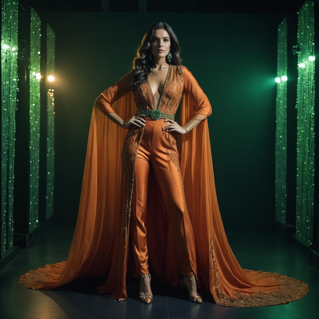 Elegant Woman in Burnt Orange Cape Jumpsuit with Beaded Details