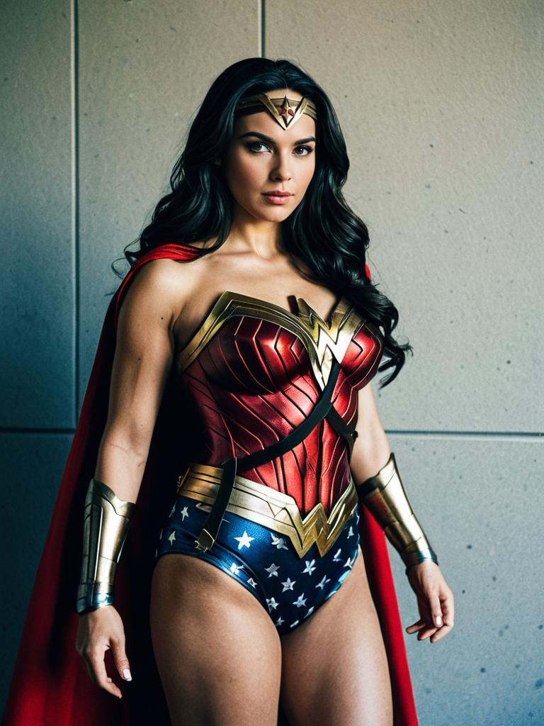 Confident woman in superhero costume with red and gold armor