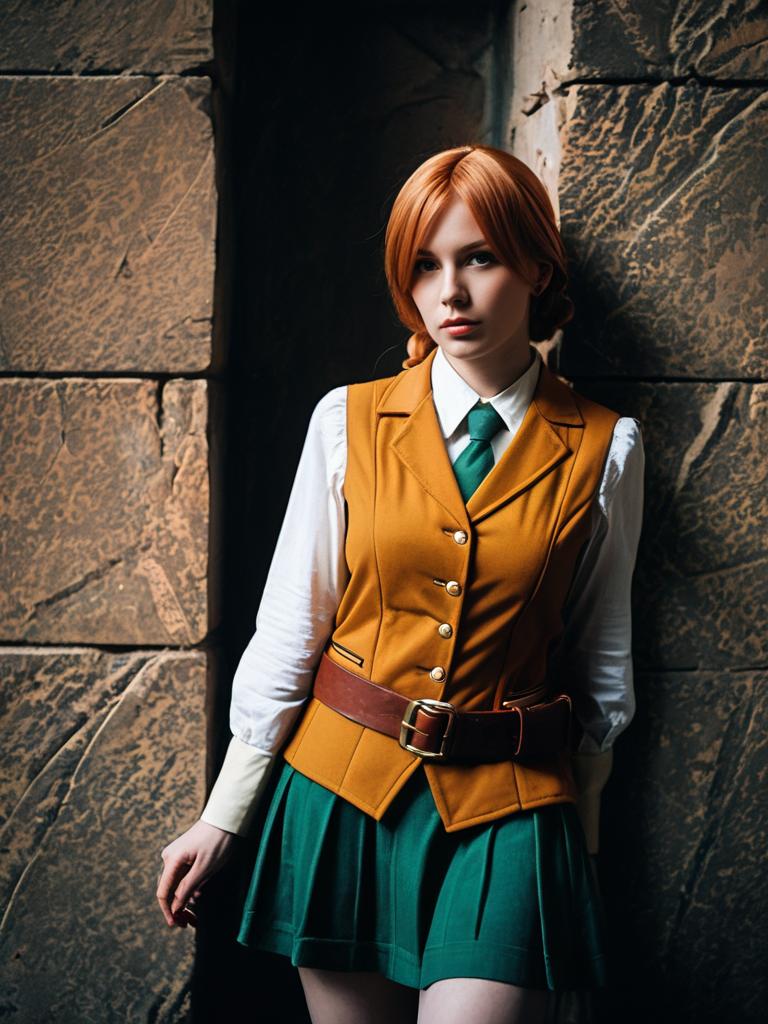 Realistic Petra Ral Cosplay Woman Character in Mustard Vest and Green Skirt