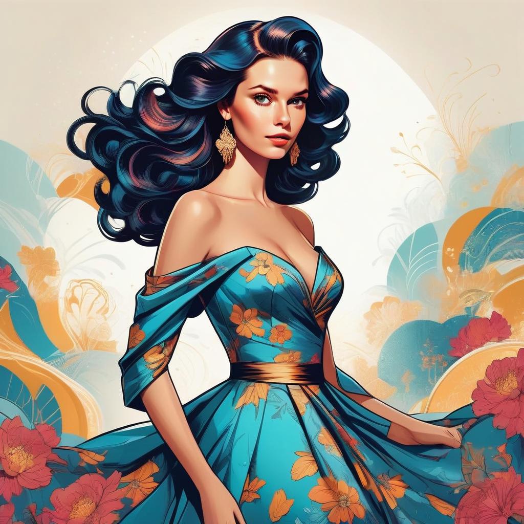 Elegant Woman in Blue Dress with Floral Patterns