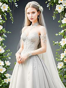 Elegant Woman in Embroidered Wedding Dress in Romantic Garden