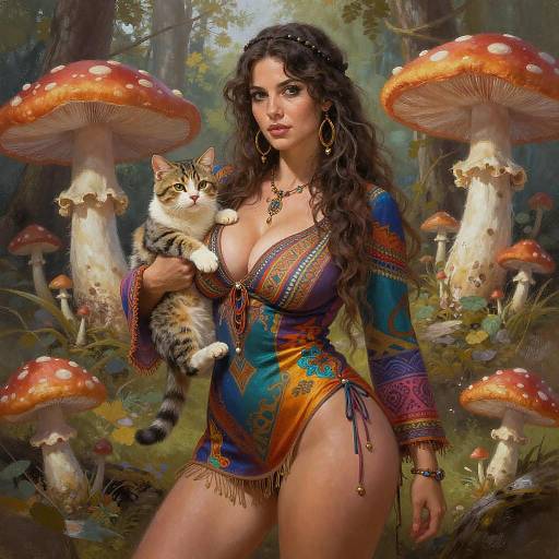 Realistic Fantasy Portrait of Woman Holding Cat in Enchanted Mushroom Forest