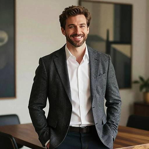 Confident Young Man in Stylish Grey Blazer and White Shirt in Modern Office