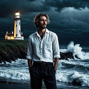 Pensive man on rocky shore with lighthouse