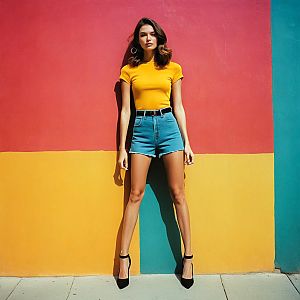 Stylish Woman in Summer Outfit Against Colorful Background