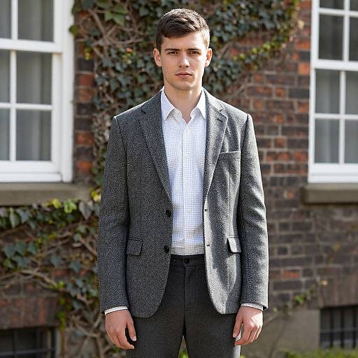 Young Man in Grey Tweed Suit Standing Outdoors by Ivy-covered Brick Wall