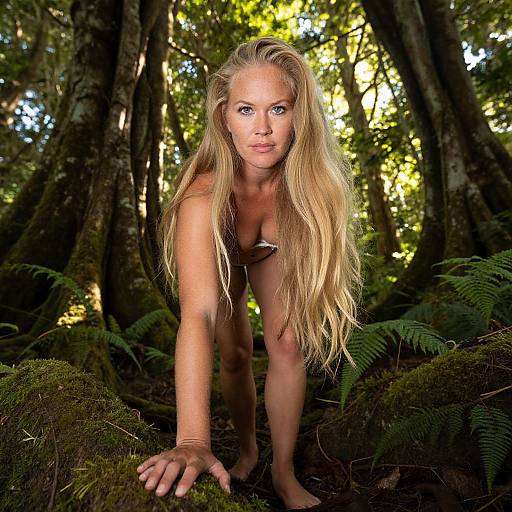 Blonde Woman Crouching in Lush Forest Nature Scene