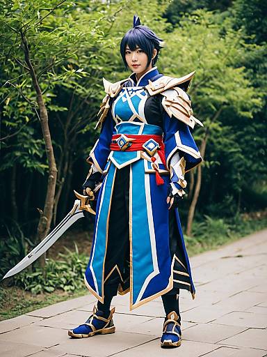 Genshin Impact Cosplay of Ajaw in Blue and Gold Armor with Sword
