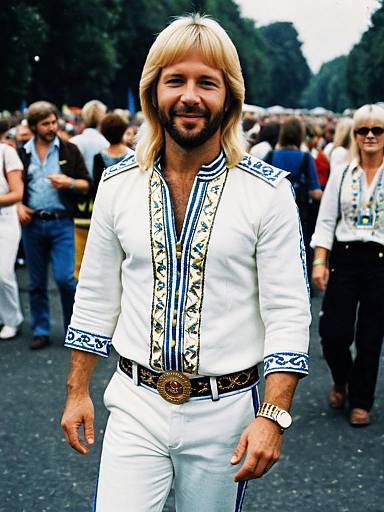Man in ABBA Outfit at Festival Cosplay Photo Photorealistic Realism