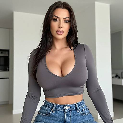 Stylish Woman in Gray Crop Top and High-Waisted Jeans Indoors