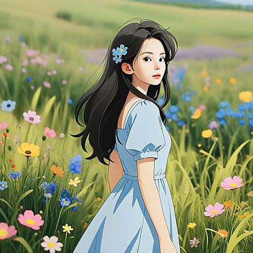 Young Woman in Blue Dress Standing in Colorful Wildflower Meadow Illustration