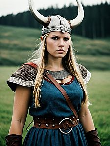 Woman in Authentic Viking Costume with Horned Helmet Outdoors