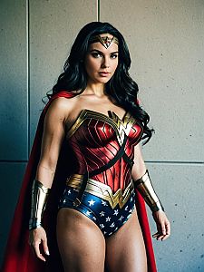 Confident woman in superhero costume with red and gold armor