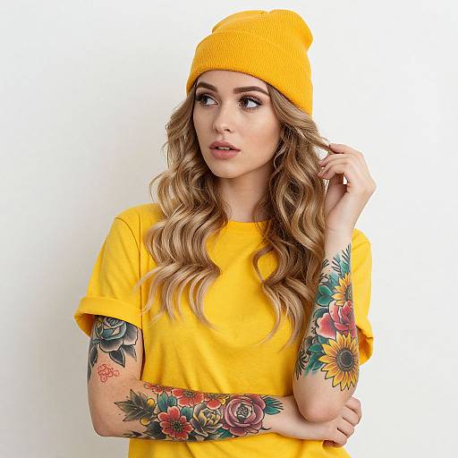 Young Woman in Yellow Beanie and T-Shirt with Floral Tattoos on Forearms