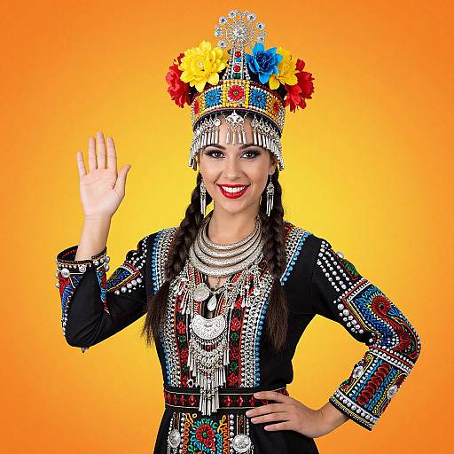 Woman in Traditional Colorful Ethnic Dress and Headdress Waving