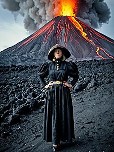 Woman in Historic Fancy Dress Costume Posing Near Erupting Volcano