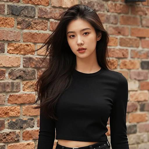 Young Woman in Black Crop Top Standing by Brick Wall Gen Z Style