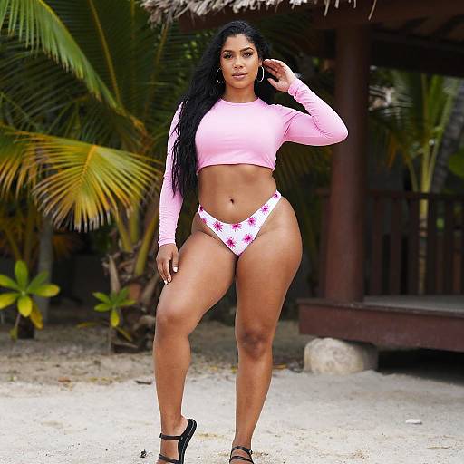 Woman in Pink Crop Top and Floral Bikini Bottoms on Tropical Beach